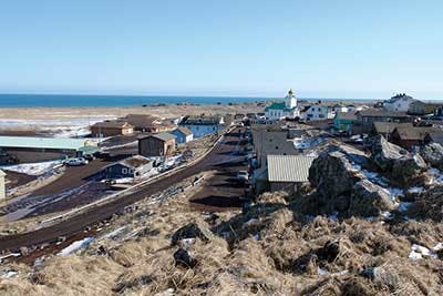 View of the village on Saint Paul Island on a sunny April day.