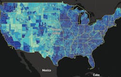 Figure 1. The light green areas illustrate that Internet coverage is poor in many parts of the US.