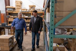 Ben and TDS associate, Davide, look over new fiber supplies in the Verona warehouse. Ben and TDS associate, Davide, look over new fiber supplies in the Verona warehouse.