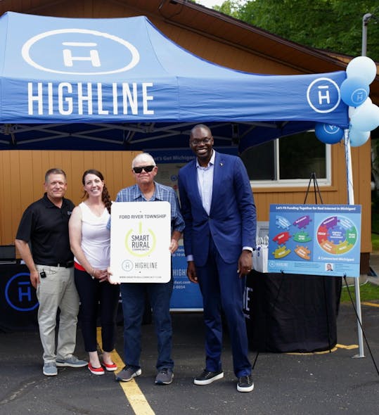 Highline announces its first Smart Rural Community designation to Ford River Township in Delta County with the help of Michigan&rsquo;s Lt. Governor Gilchrist. (Pictured left to right: Bruce Moore, Bethany Leiter, Steve Nelson, and Lt. Governor Garlin Gilchrist.)