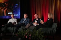 Brightspeed&rsquo;s executive leadership team inspires attendees with their Opening Keynote presentation. (L-R) Chris Creager, Advisor and Board Member, Tom Maguire, CEO, and Bob Mudge, Executive Chair, Brightspeed Board of Directors. Moderated by Sharon Vollman, Editor-in-Chief, ISE Magazine.
