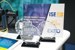 EXFO displaying their 3 Network Innovators&rsquo; Awards at their booth on the exhibit floor.