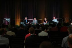 Sharon Vollman (left), ISE EXPO & ISE Magazine, moderated the closing keynote. Seated next to her (left to right) are telecom executives David Curran, VP, Network Architecture, Frontier Communications, Diana Scudder, VP, Virtual Engineering & Operations, Verizon, and Todd Zeiler, VP, Wireless Construction & Engineering, AT&T. Each delivered a 10-minute Tech Talk presentation sharing their network evolution wisdom. Sharon Vollman (left), ISE EXPO & ISE Magazine, moderated the closing keynote. Seated next to her (left to right) are telecom executives David Curran, VP, Network Architecture, Frontier Communications, Diana Scudder, VP, Virtual Engineering & Operations, Verizon, and Todd Zeiler, VP, Wireless Construction & Engineering, AT&T. Each delivered a 10-minute Tech Talk presentation sharing their network evolution wisdom.