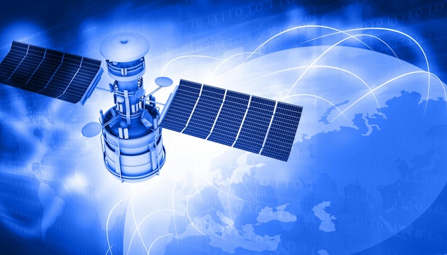 Satellites flying around earth with digital signals