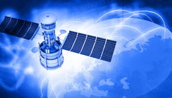Satellites flying around earth with digital signals Satellites flying around earth with digital signals