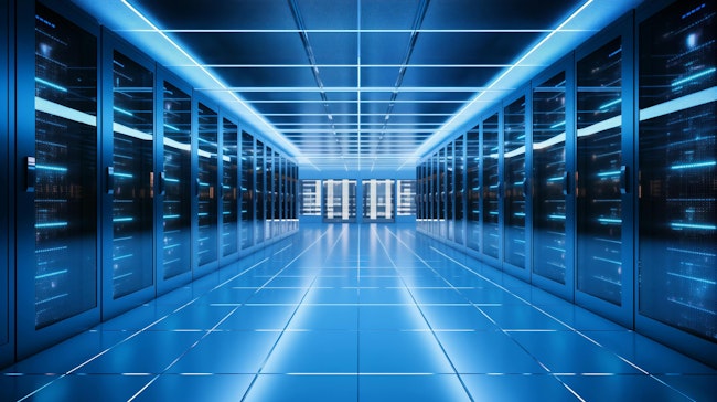 Inside a Data Center. Inner space of data center, furnished with rack servers and computers, emblematic of cutting-edge of technology in modern telecommunications AI generated