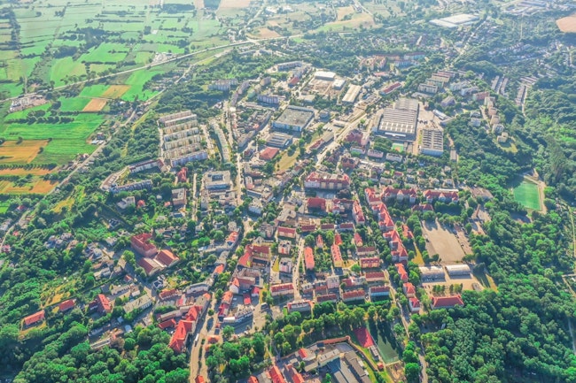 Aerial View Of A Small Town In The Rural Area Of Europe