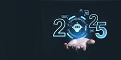 Futuristic 2025 Forecast With Ai Concept Hovering Over A Palm On Dark Background Futuristic 2025 Forecast With Ai Concept Hovering Over A Palm On Dark Background