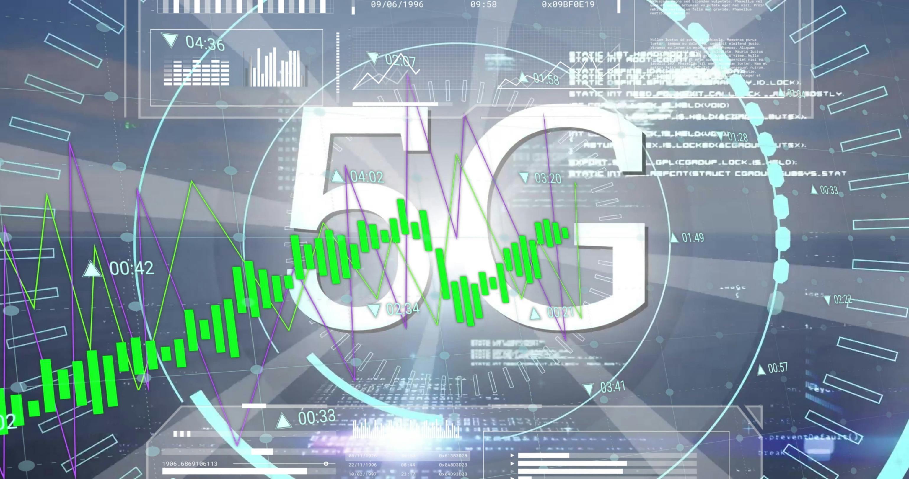 Image Of 5g Text, Financial Data Processing Over Grid And Dark Background Global Finance, Business, Connections, Computing And Data Processing Concept Digitally Generated Image