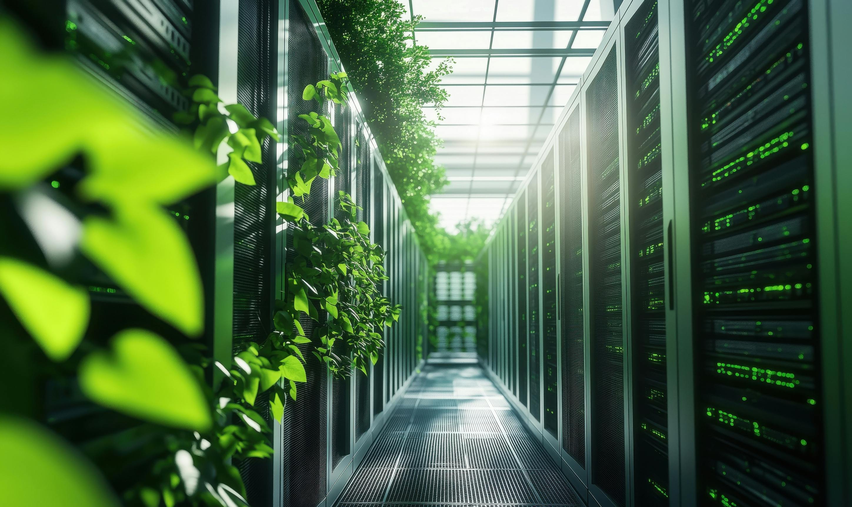 Green Data Center with Lush Vegetation and High-Tech Servers in Modern Environment. AI generated