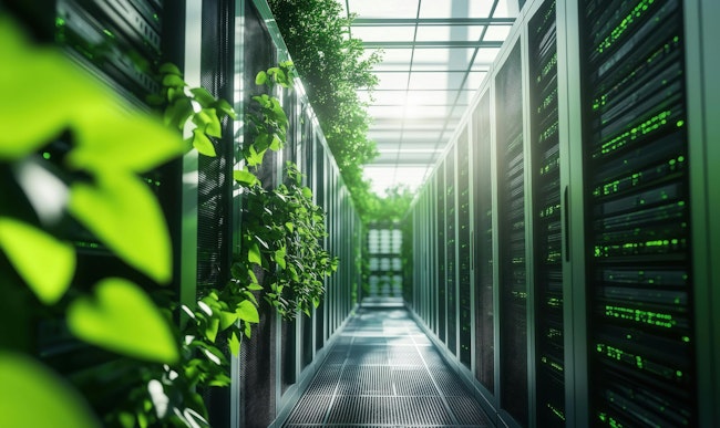 Green Data Center with Lush Vegetation and High-Tech Servers in Modern Environment. AI generated