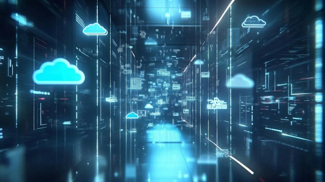 Exploring Futuristic Data Corridor Filled With Digital Cloud Icons And Technology Symbols