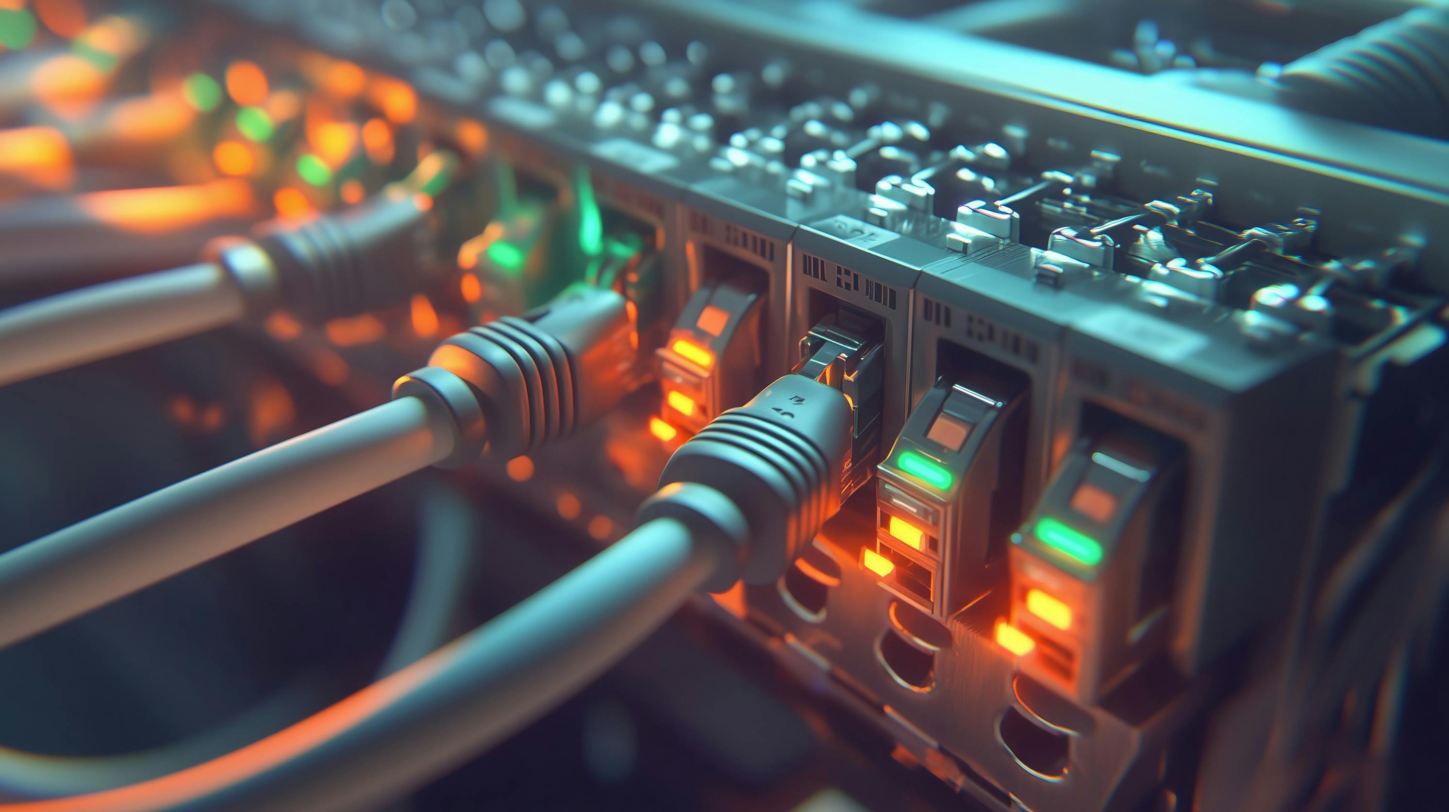 Ethernet Cables Connecting To Network Switch Ports In Data Center