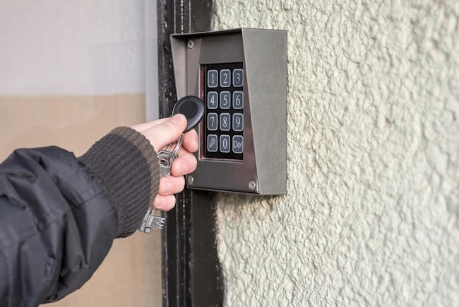 Man Open The Door With Nfc Tag Man Open The Safety Door With Nfc Tag