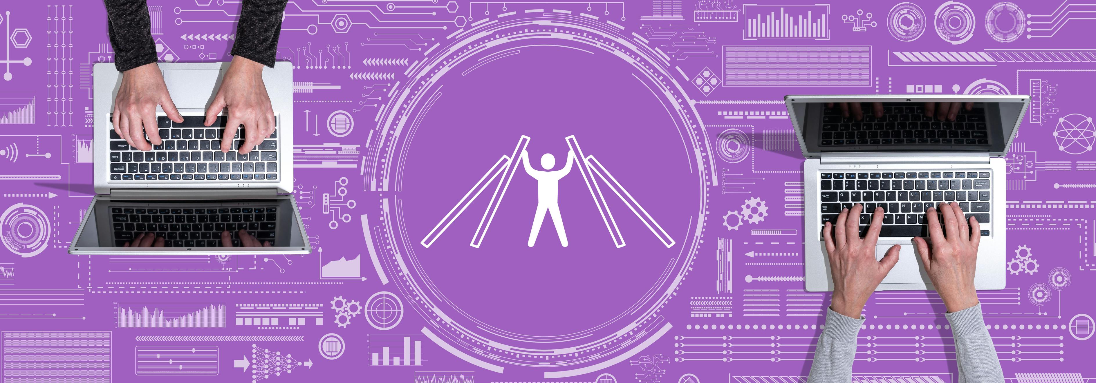 Concept Of Crisis Management Top View Of Hands Using Laptop With Symbol Of Crisis Management Concept