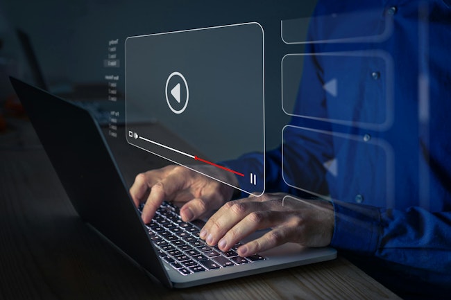 Video streaming on internet. Person watching online movie or TV series on laptop computer screen. Concept about subscription based live digital stream or channels, multimedia player with play button