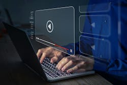 Video streaming on internet. Person watching online movie or TV series on laptop computer screen. Concept about subscription based live digital stream or channels, multimedia player with play button Video streaming on internet. Person watching online movie or TV series on laptop computer screen. Concept about subscription based live digital stream or channels, multimedia player with play button