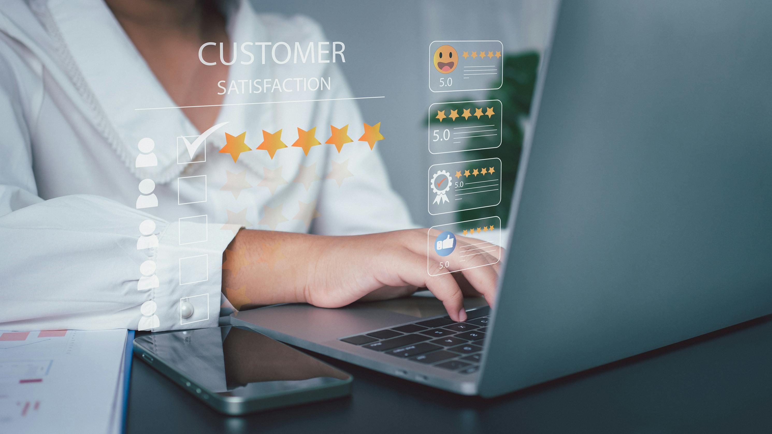 Businesswomen Use Computers To Manage Data On Customer Satisfaction Surveys And Service Quality Surveys As Well As Product Quality