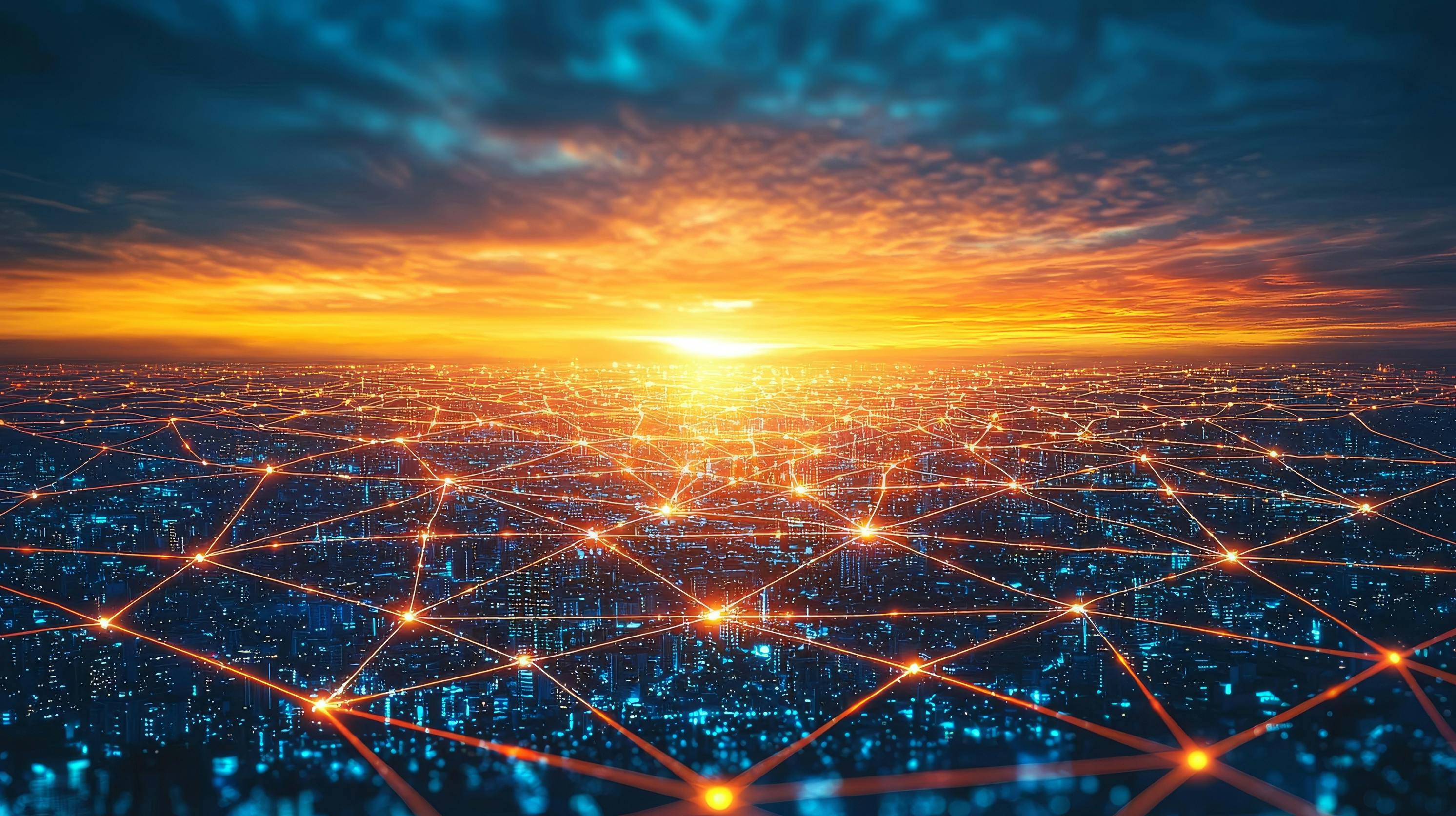 An advanced telecommunication network is seen at night in a futuristic smart city - Digital Connectivity AI generated