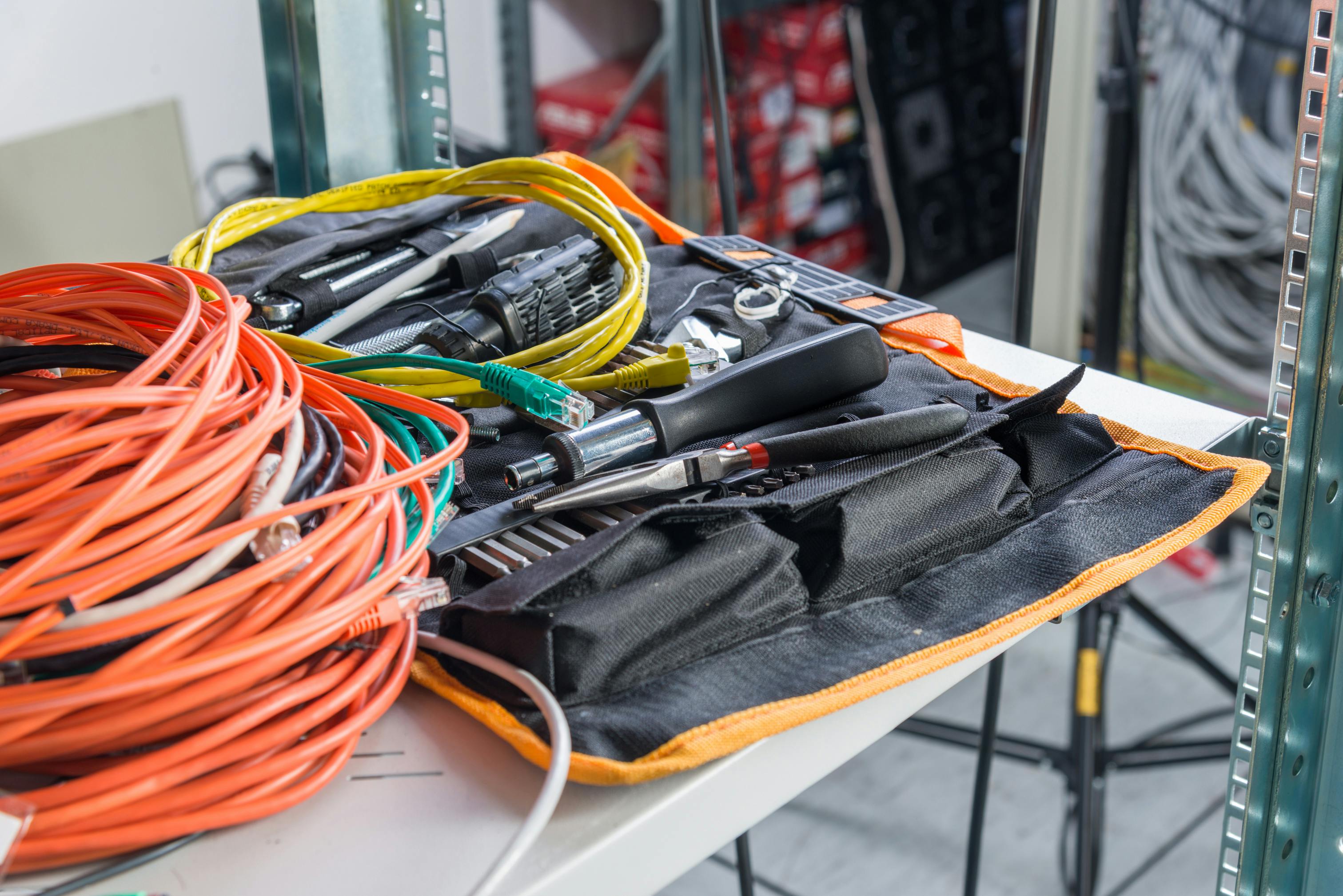 It Administrator&acute;s Tools With Fiber Optics Cable It Engineer&acute;s Tools With Fiber Optics Cable In Server Room