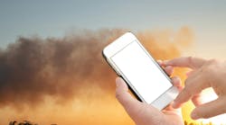 Conception Of Emergency Notification With Technology, Fire With Black Smoke Floated On Sunset Sky Conception Of Emergency Notification With Technology, Fire With Black Smoke Floated On Sunset Sky