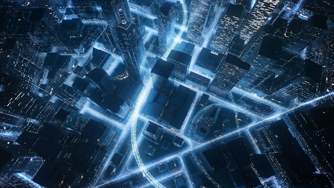 Cityscape With Glowing Data Lines