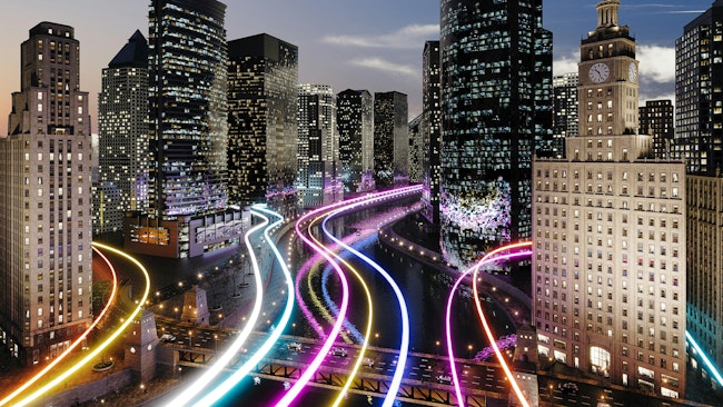 City with glowing light trails